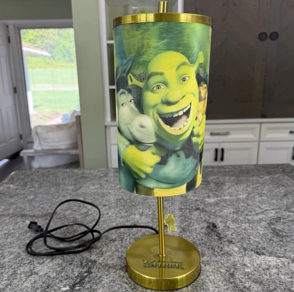 DreamWorks-Shrek-Table Lamp-3D Lenticular Shade-Gold Tone/Green Donkey Puss Boot